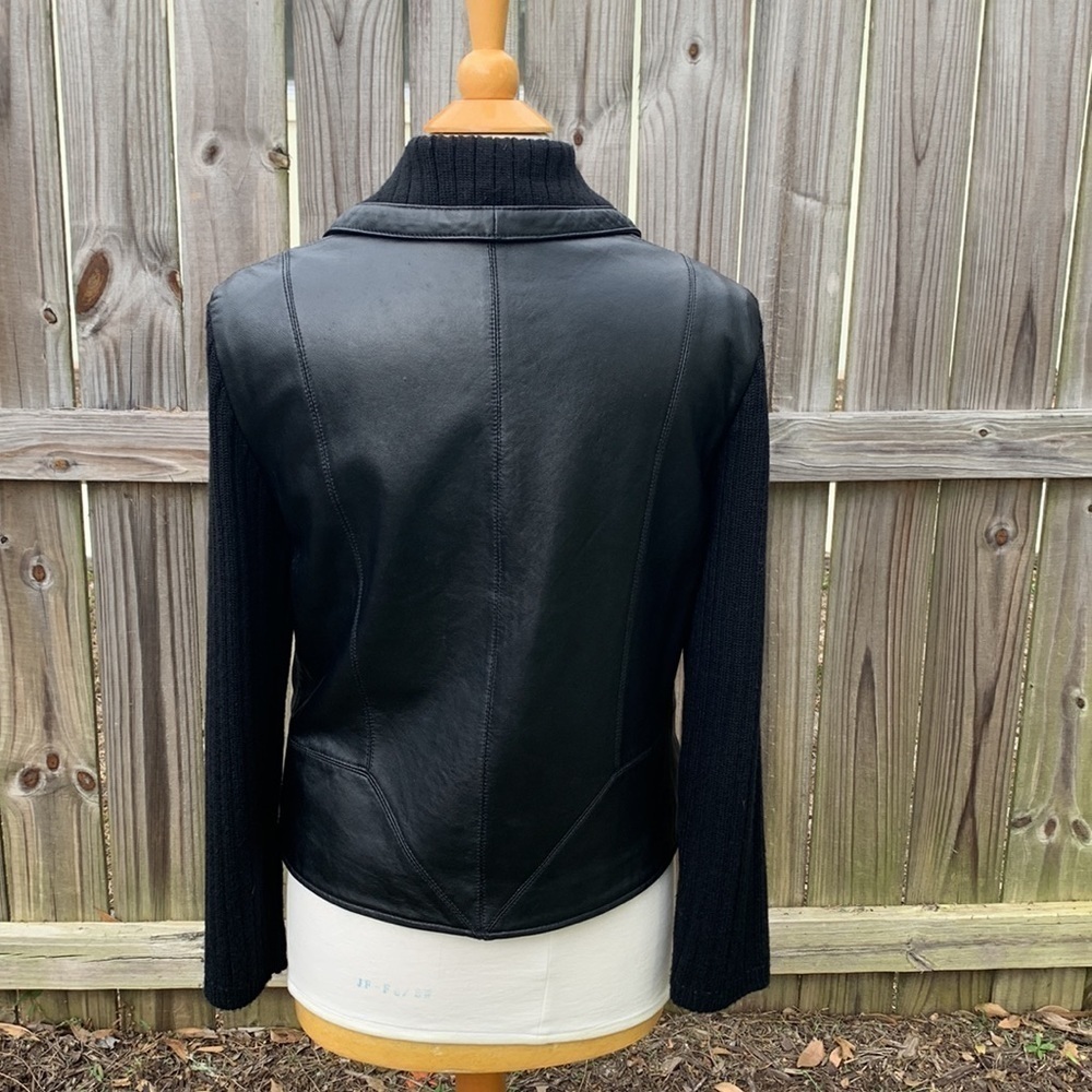 Coldwater Creek black leather jacket, knit sleeves, size small - Picture 3 of 6